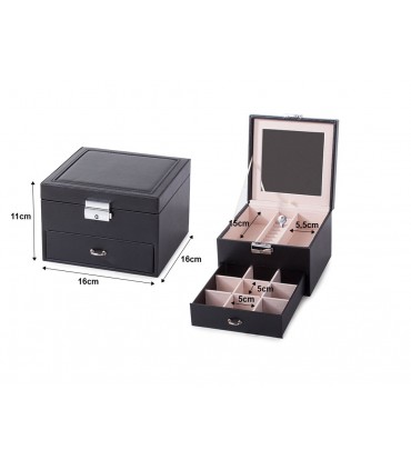 Кутия за бижута и часовници, 2 нива, Огледало, 9 отделения - ЧЕРНА модел 0755