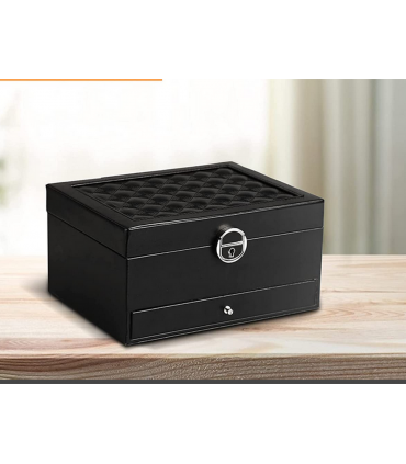 Стилна кожена кутия за бижута с 2 нива - ЦВЯТ ЧЕРЕН - код 2755