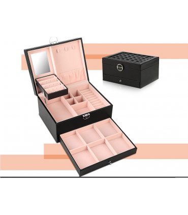 Стилна кожена кутия за бижута с 2 нива - ЦВЯТ ЧЕРЕН - код 2755