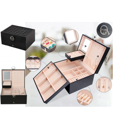 Стилна кожена кутия за бижута с 2 нива - ЦВЯТ ЧЕРЕН - код 2755