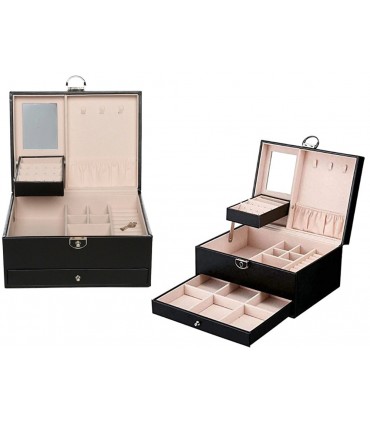 Стилна кожена кутия за бижута с 2 нива - ЦВЯТ ЧЕРЕН - код 2755