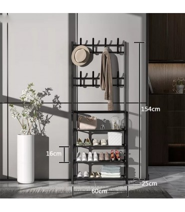Етажерка за обувки на 4 реда със закачалки - 60x154x25см ЧЕРЕН цвят