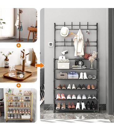 Етажерка за обувки на 4 реда със закачалки - 60x154x25см ЧЕРЕН цвят