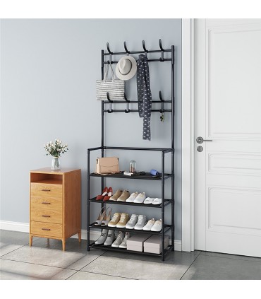 Етажерка за обувки на 4 реда със закачалки - 60x154x25см ЧЕРЕН цвят