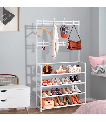 Стелаж за обувки на 4 реда със закачалки за дрехи 80x154x25cm - БЯЛ