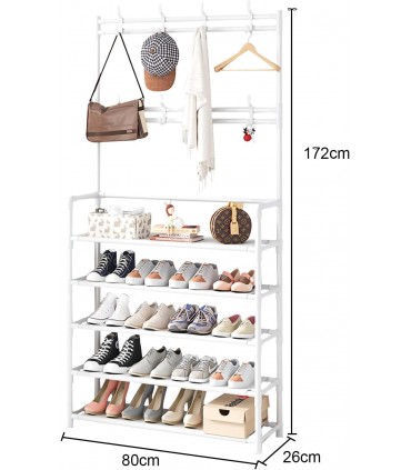 Стелаж за обувки на 5 рафта със закачалки за дрехи 80x171x25cm - БЯЛ