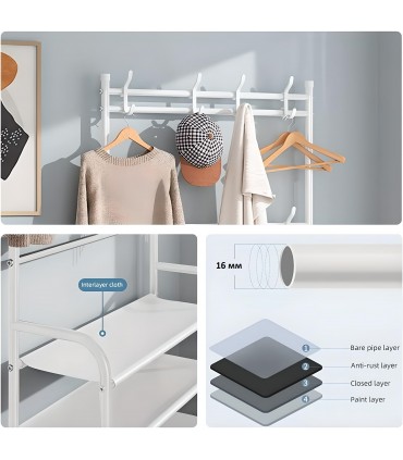 Стелаж за обувки на 5 рафта със закачалки за дрехи 80x171x25cm - БЯЛ