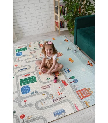 Сгъваемо детско килимче за игра, топлоизолиращо 180x200x1cm - модел Горски рай + Трафик
