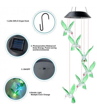 Соларни вятърни камбанки звънчета с цветни LED светлини - колибри