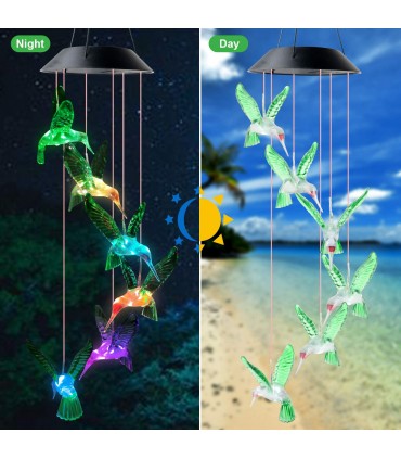 Соларни вятърни камбанки звънчета с цветни LED светлини - колибри