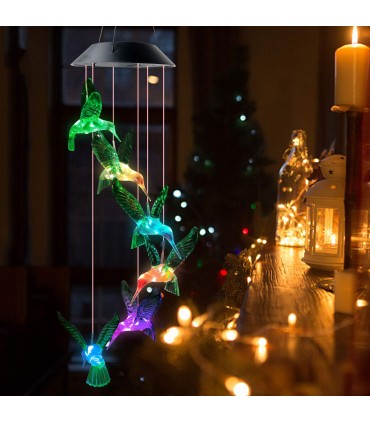 Соларни вятърни камбанки звънчета с цветни LED светлини - колибри