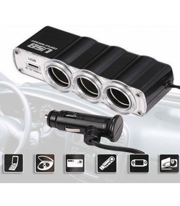 РАЗКЛОНИТЕЛ ЗА ЗАПАЛКА НА КОЛА С USB И ТРИ ГНЕЗДА