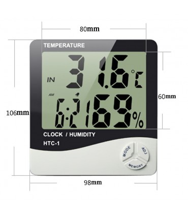 HTC-1 Стаен термометър вътрешна и външна температура, Влагомер, Часовник