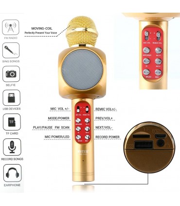 БЕЗЖИЧЕН БЛУТУТ КАРАОКЕ МИКРОФОН С ЛЕД СВЕТЛИНИ И ВГРАДЕН ГОВОРИТЕЛ WSTER WS-1816