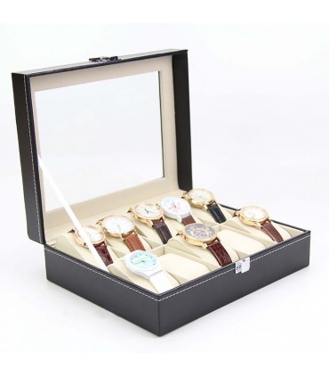 Черна кожена кутия за часовници и гривни с 10 отделения