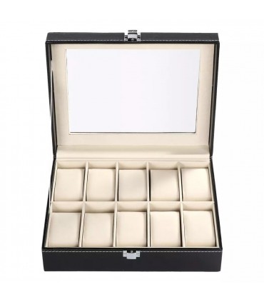 Черна кожена кутия за часовници и гривни с 10 отделения