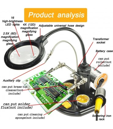 Трета ръка със стойка за поялник, щипки и лупа 65мм, модел 802
