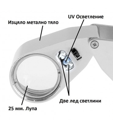 Джобна златарска мощна ръчна лупа лед осветление 40Х за четене бижута