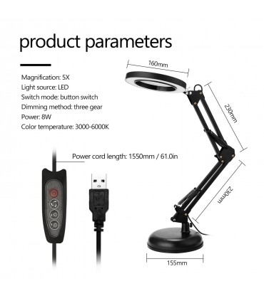 Настолна лампа с телескопично рамо и лупа 8X