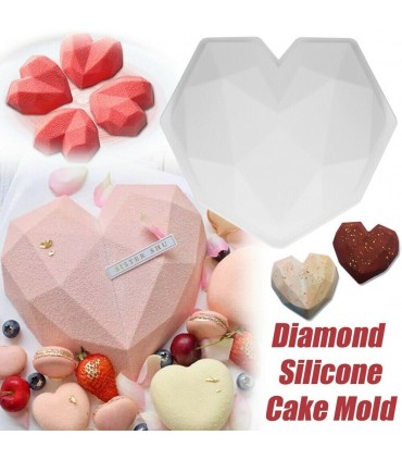 3D Голямо релефно сърце, диамантено, силиконов молд форма за кекс, торта