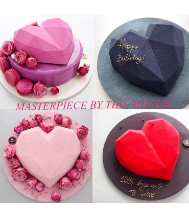 3D Голямо релефно сърце, диамантено, силиконов молд форма за кекс, торта