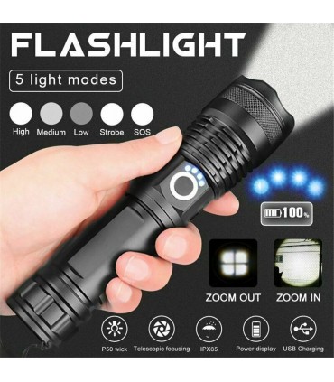 Мощен лед фенер 8000 лумен POLICE, USB, акумулаторен, зуум, водоустойчив