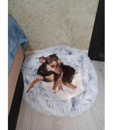 Топло кръгло плюшено легло хралупа с котка, куче