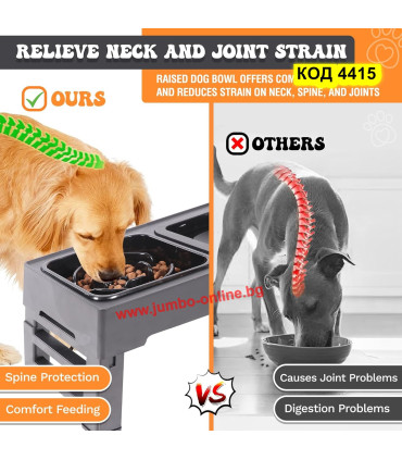 Двойна купа за кучета на стойка, бавно хранене и пиене на вода