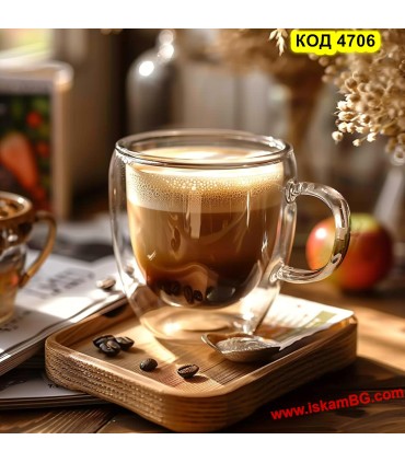 Стъклена термо чаша 250 мл с дръжка – чаша с двойно дъно