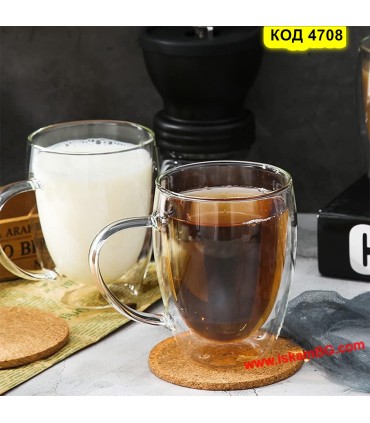 Двустенна чаша 350 мл с дръжка – стъклена термо чаша за кафе