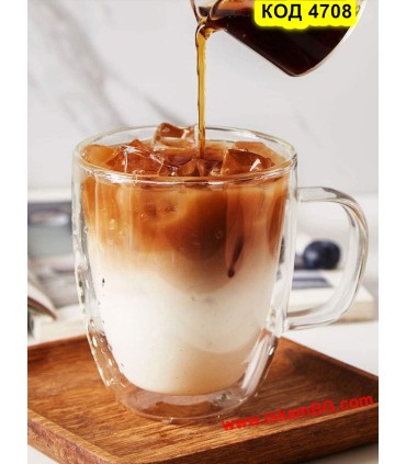 Двустенна чаша 350 мл с дръжка – стъклена термо чаша за кафе