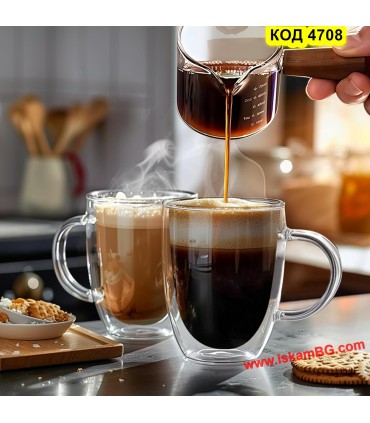 Двустенна чаша 350 мл с дръжка – стъклена термо чаша за кафе